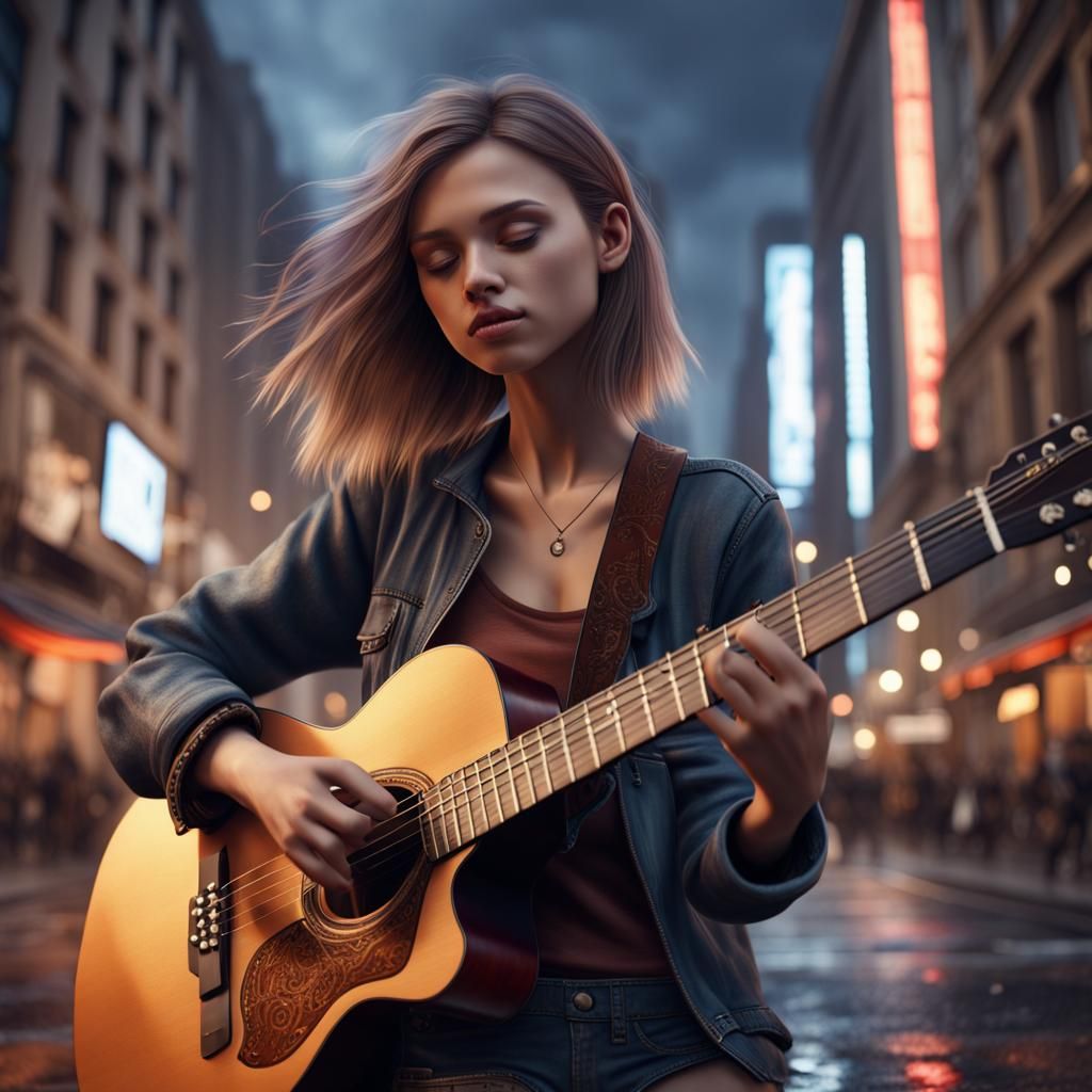 Girl Playing Guitar in City: Realistic 16k Portrait