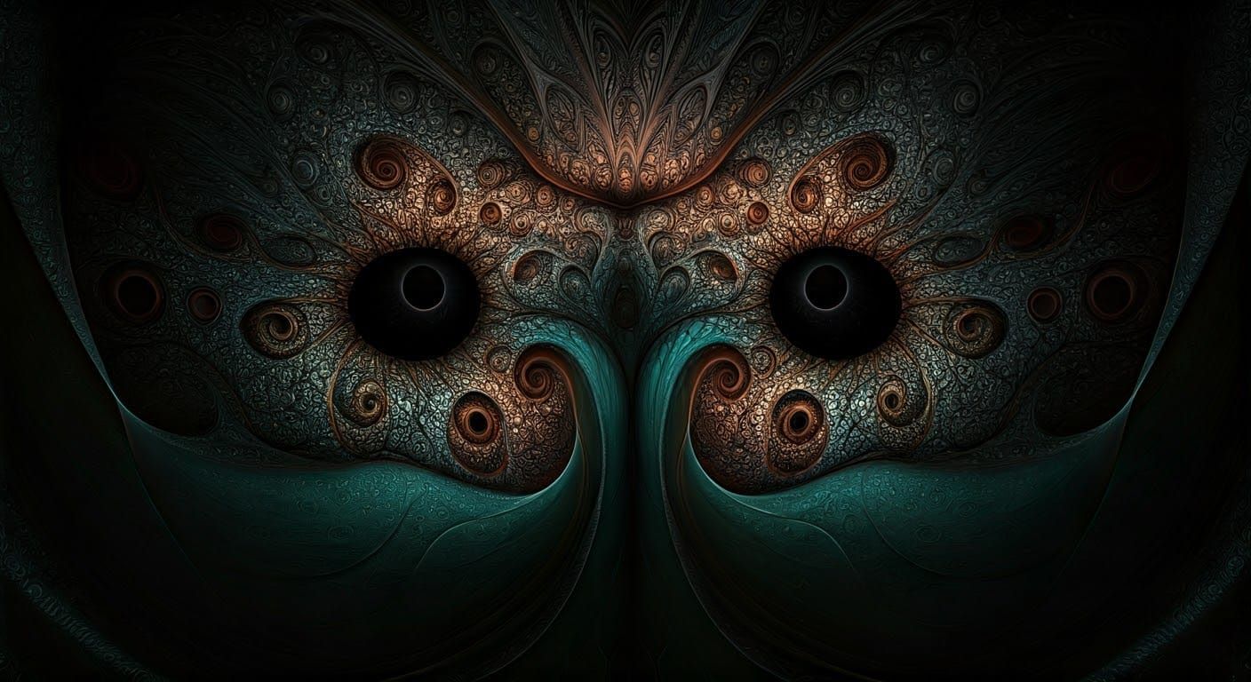 eyes darkly soft clothing origami fractal chromoshadow visible on a wall Is a timebomb ticking? impasto trompe l'oeil le...