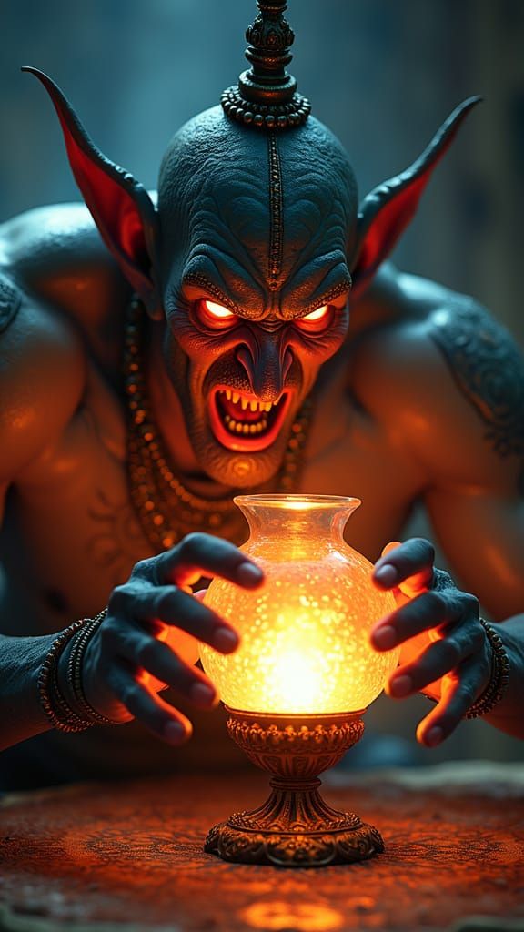 Furious Genie Trapped in Antique Lamp, Hyperrealistic Style