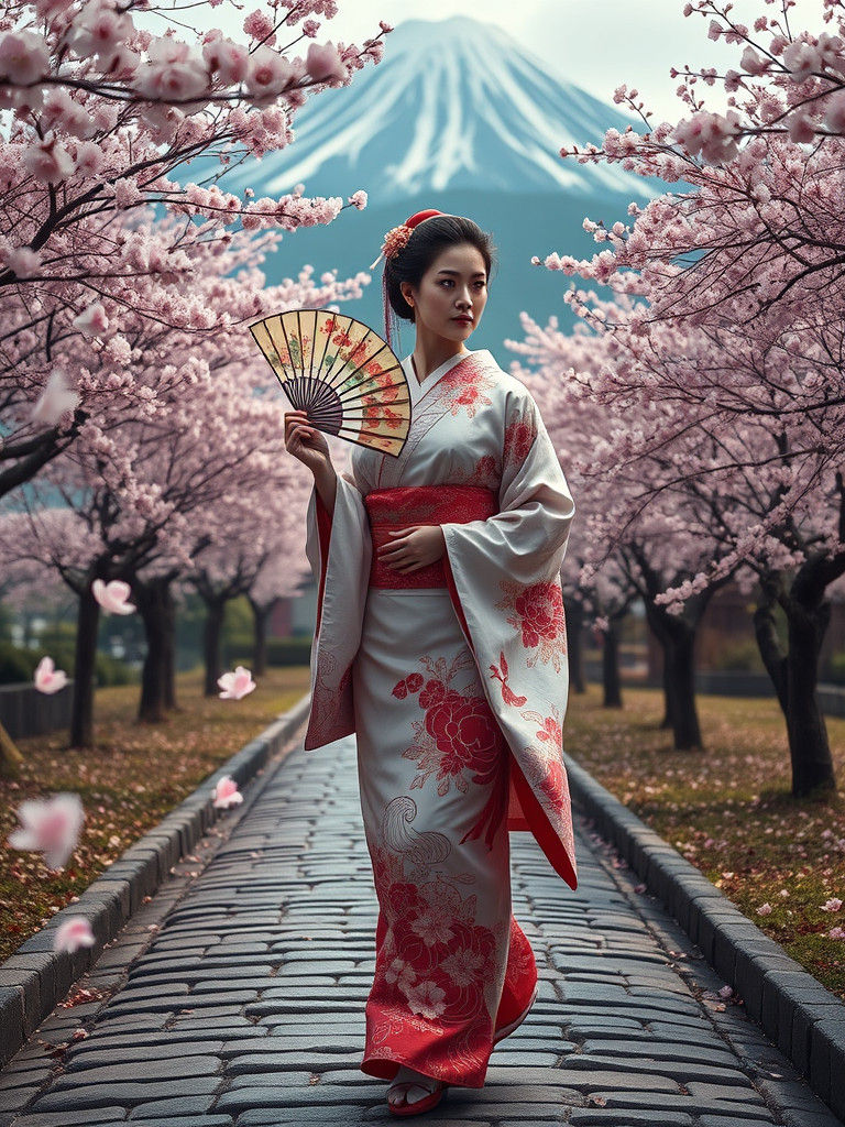 Serene Geisha Amidst Cherry Blossoms in Whimsical Japanese P...