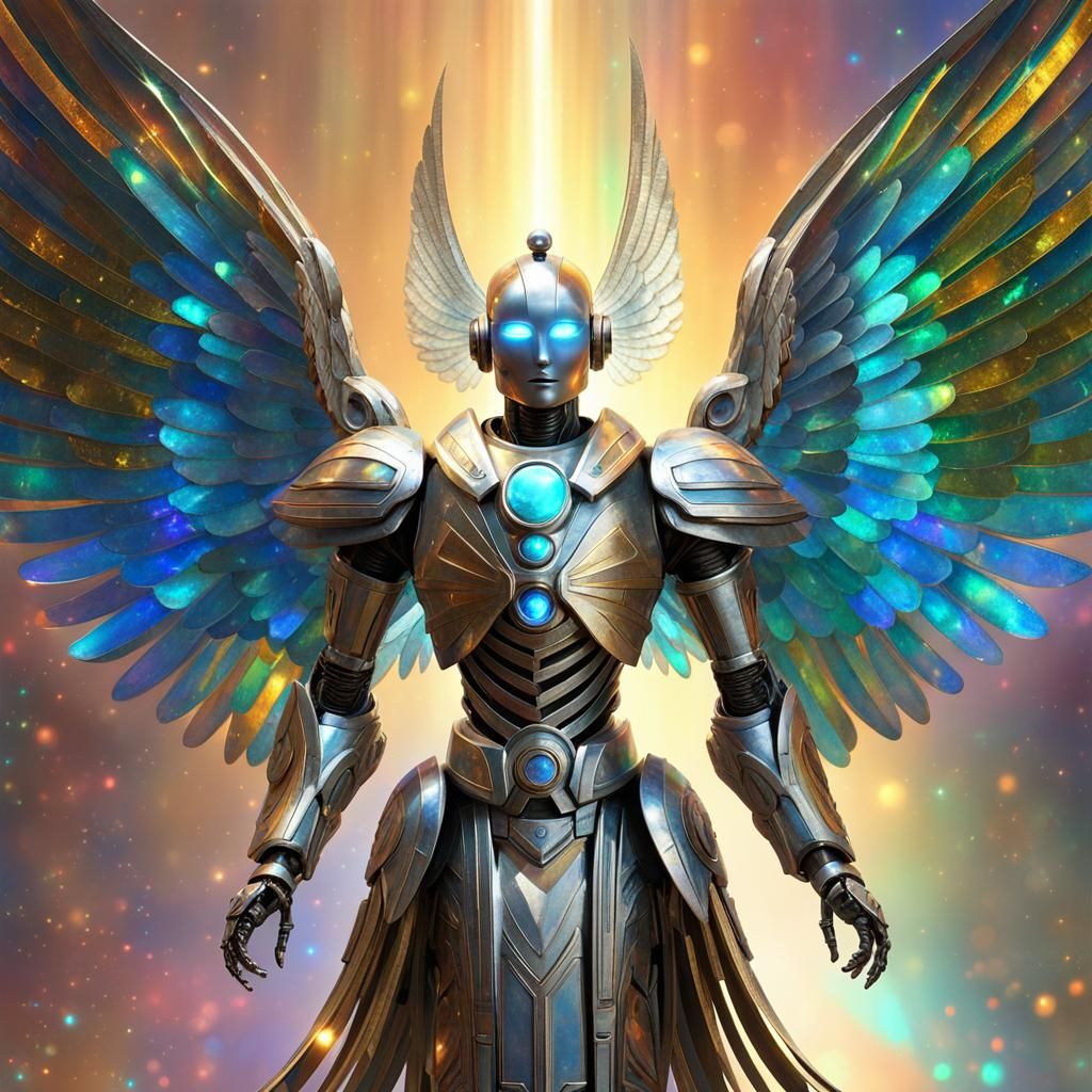 Robot Angel with Iridescent Wings in Cosmic Style