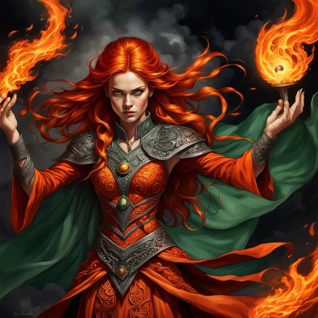 Fiery Fantasy Sorceress in Dramatic Lighting