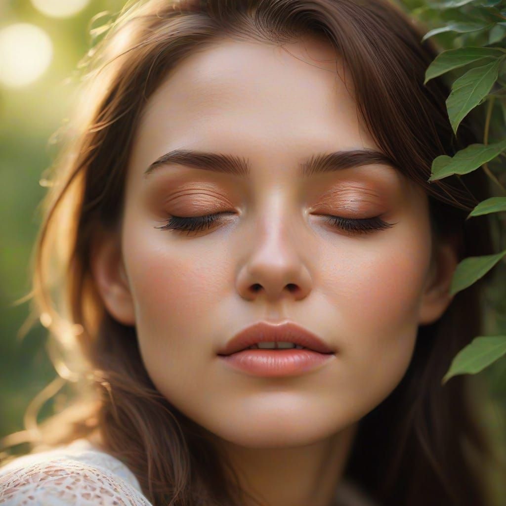 Whispering Leaves Envelop a Serene Woman's Face