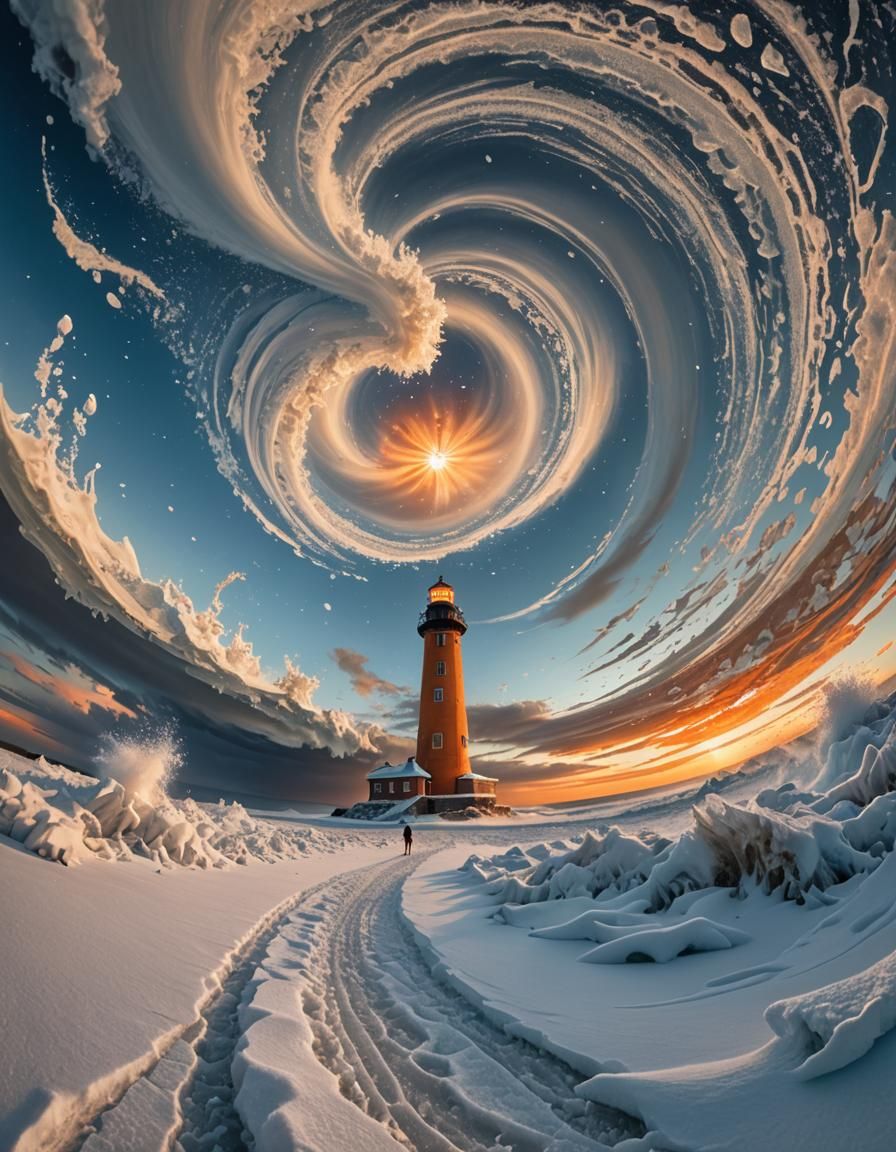 Frozen Apocalypse: Lighthouse and Snowy Beach in a Twister's...