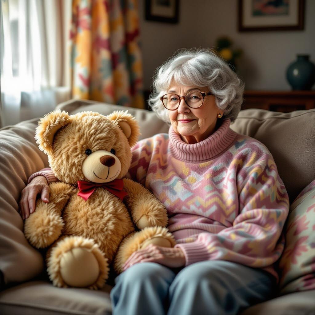 Old Teddy Bear and Woman in Hyperrealistic Style