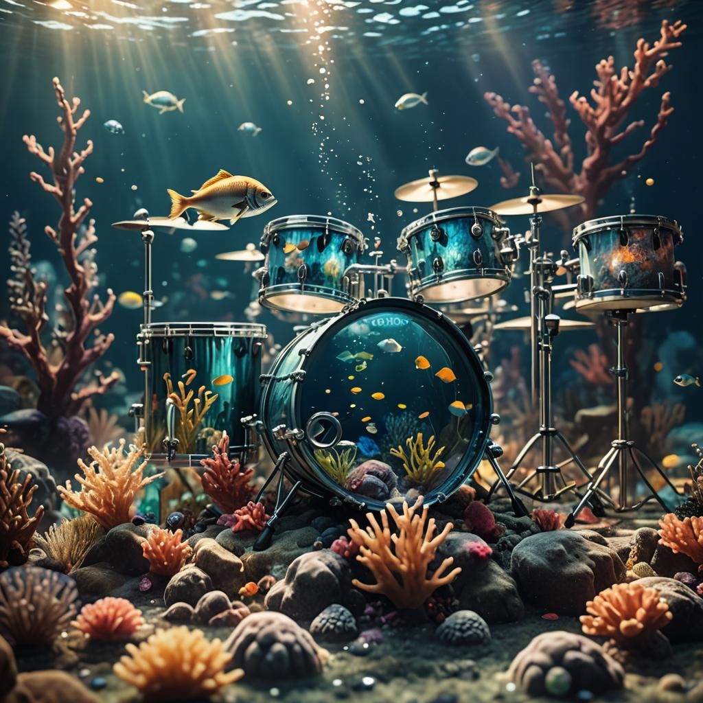 Underwater Glass Drum Set in Hyperrealistic 3D