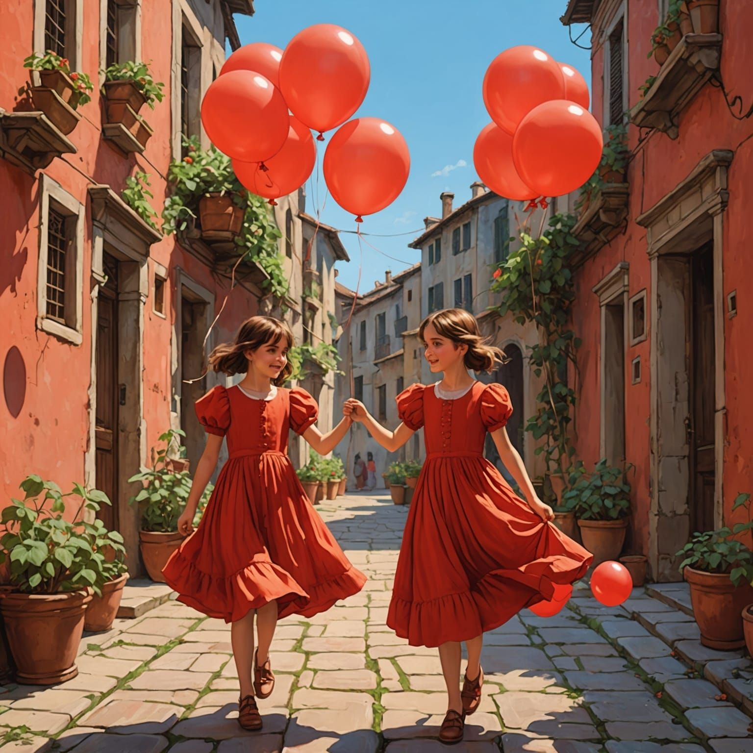 Sisters with Red Balloons, Waterhouse Style Anime