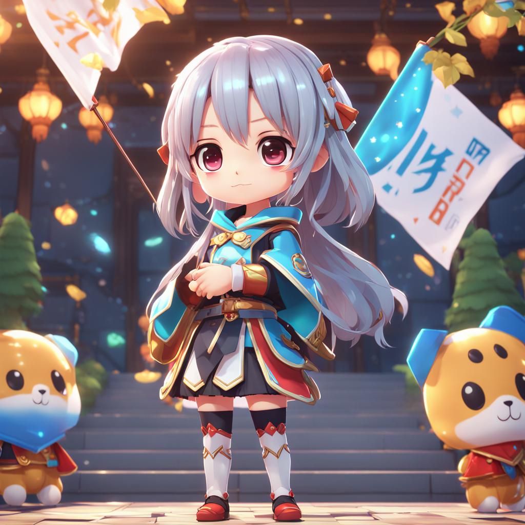Cute Chibi with Banner in Anime Style