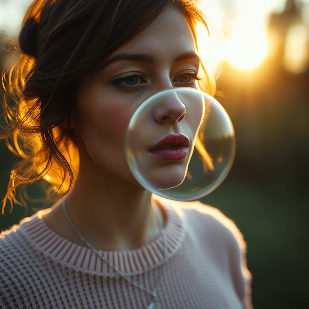Woman Blowing Shimmering Bubble in Cinematic Light