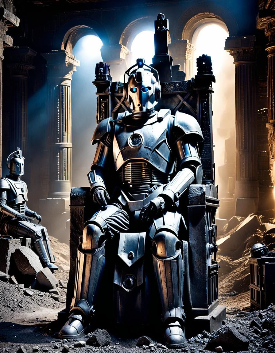 Deactivated Cyberman on Throne in Ancient Ruins