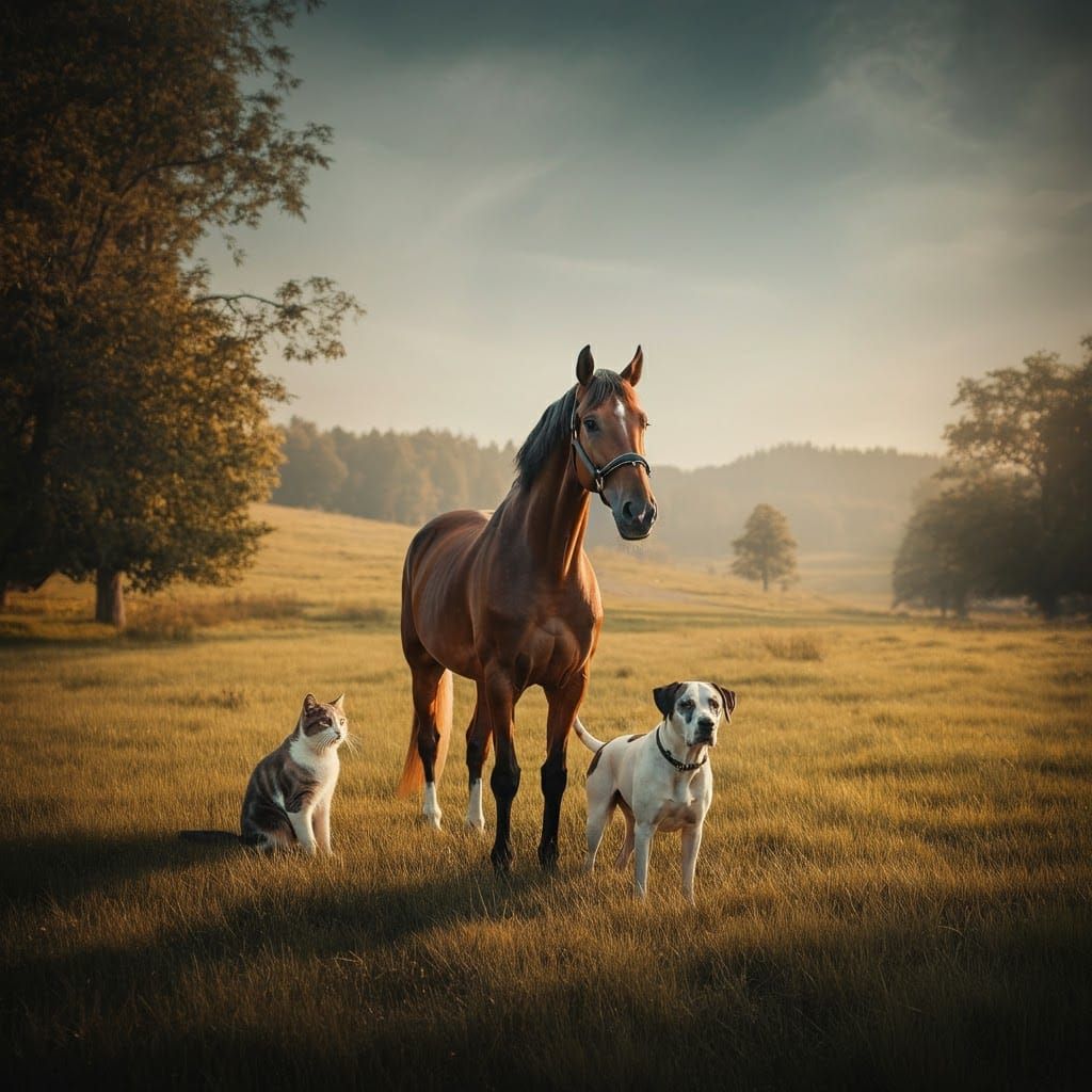 Horse, Cat, and Dog in Golden Light