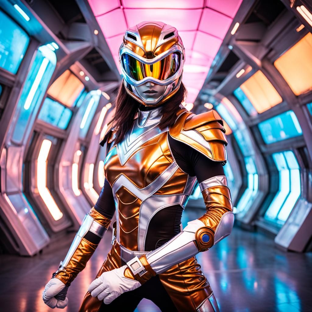 Futuristic Sci-Fi Power Ranger in Spaceport Battle