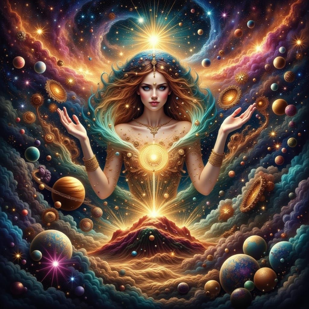 Cosmic Deity Sculpting a World in Nebula