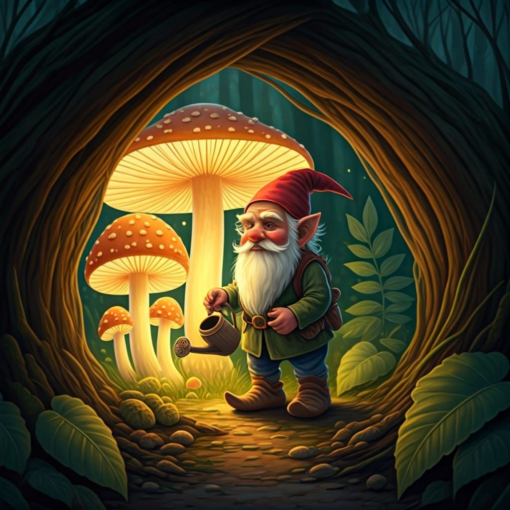 Gnome Tending Glowing Mushrooms in Forest Clearing