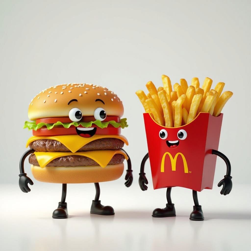 Smiling Cheeseburger and Fries Stand in White Room