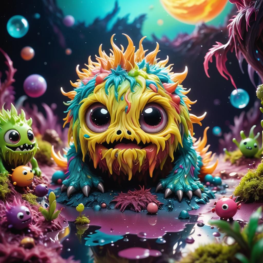 Chibi Monsters on Wax Planet, Pixar-Inspired Digital Art