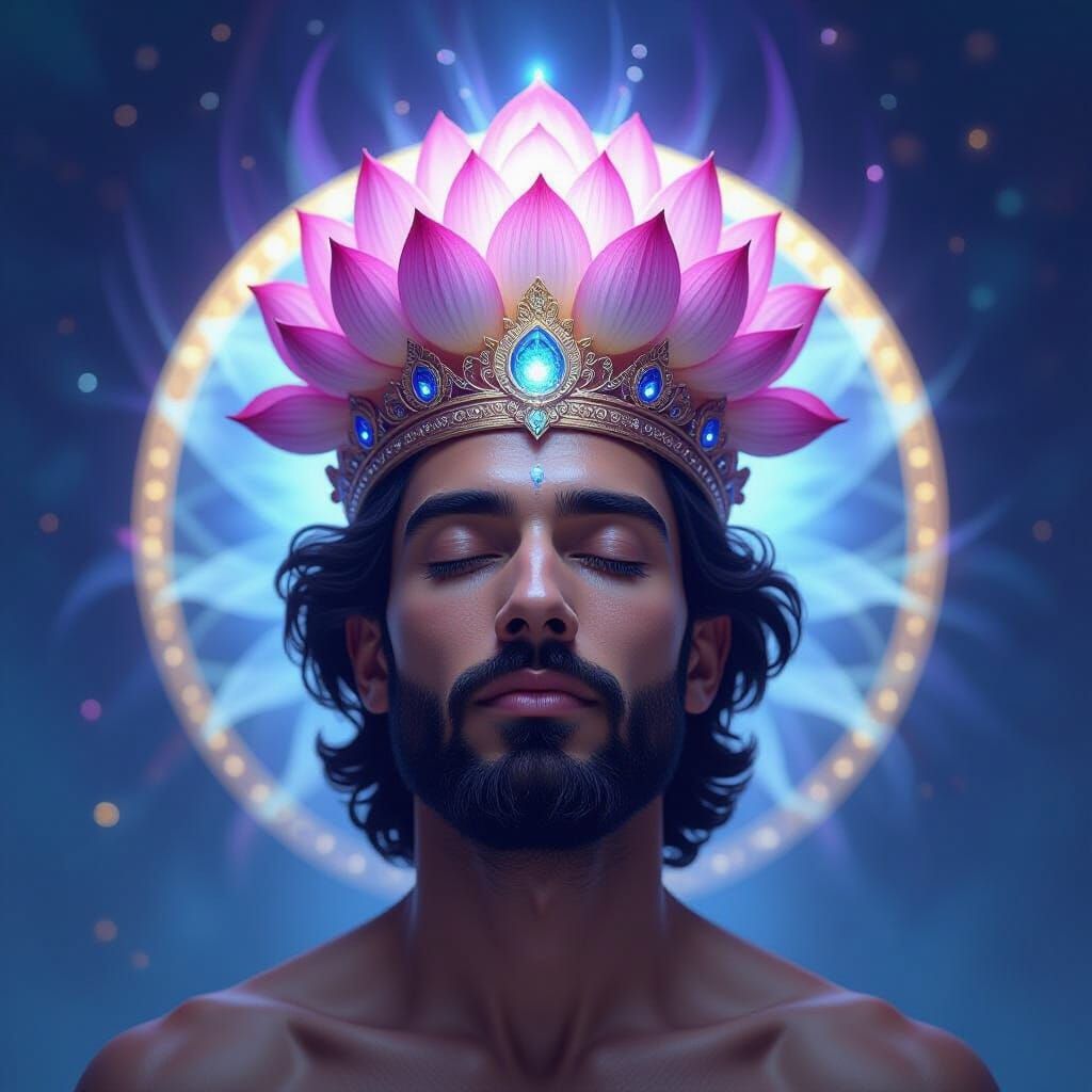 Man with Indigo Aura and Blooming Lotus in Visionary Art Sty...