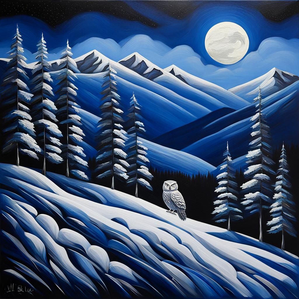 Moonlit Mountain Landscape Oil Painting
