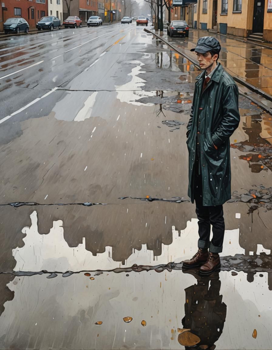 Rainy Day Reflections in Folk Art Style