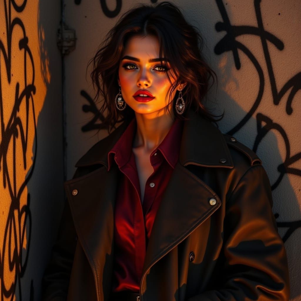 Mysterious Figure Leans Against Graffiti Wall in Cyberpunk S...