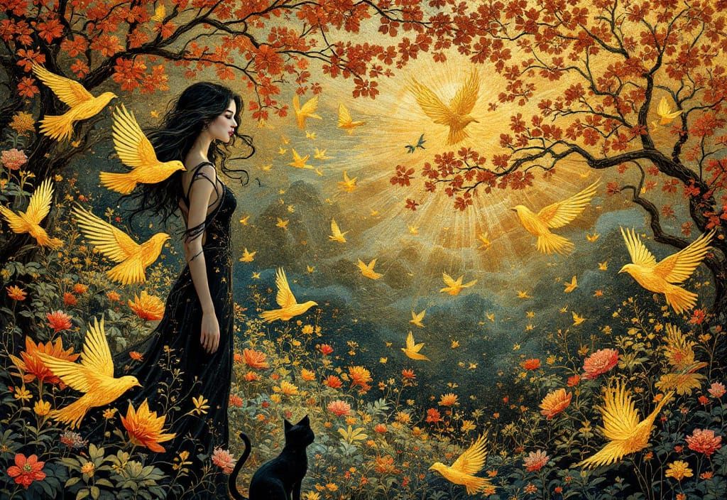 Golden Birds and Metal Trees in Art Deco Style