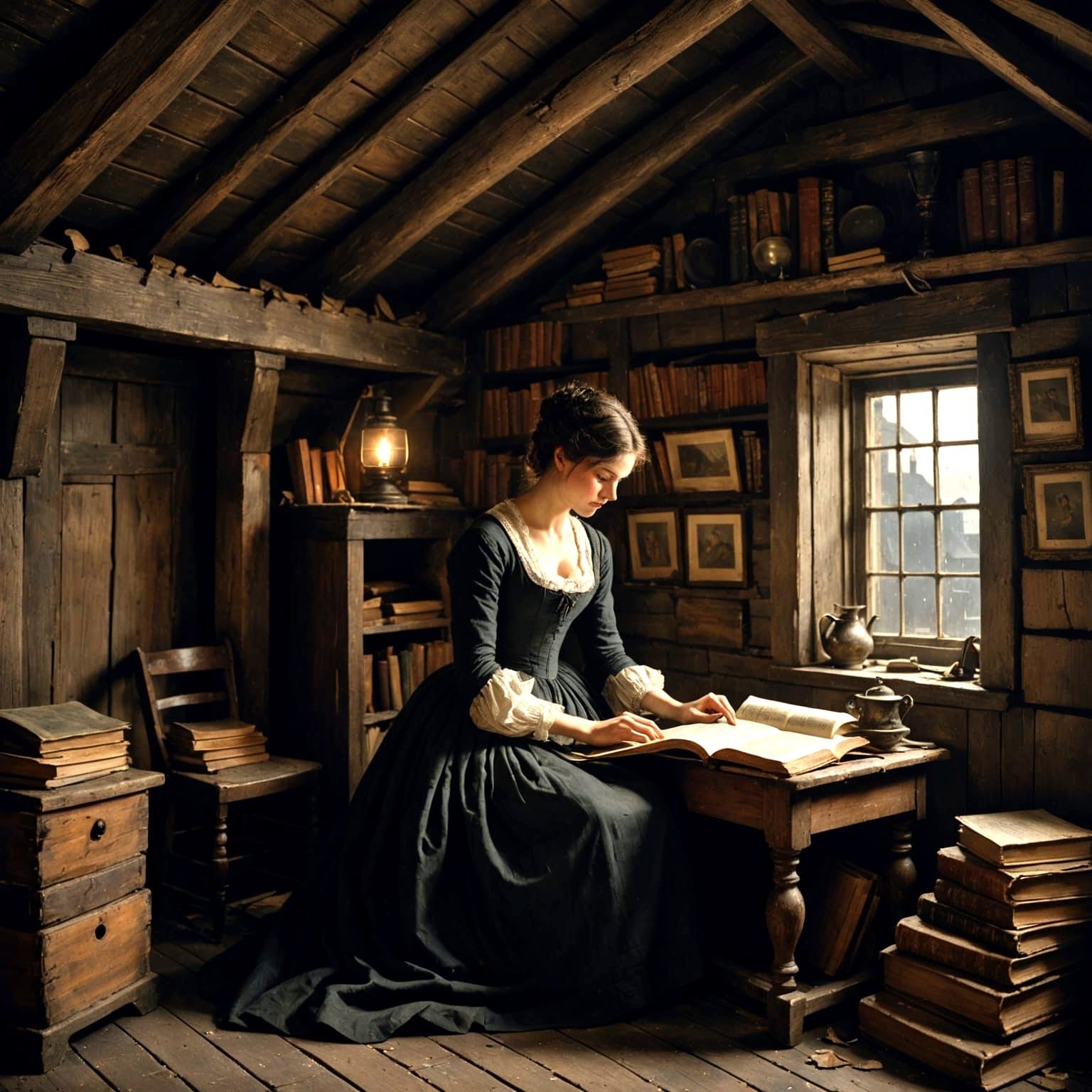 Regency Woman Reads in Dusty Attic, 1805