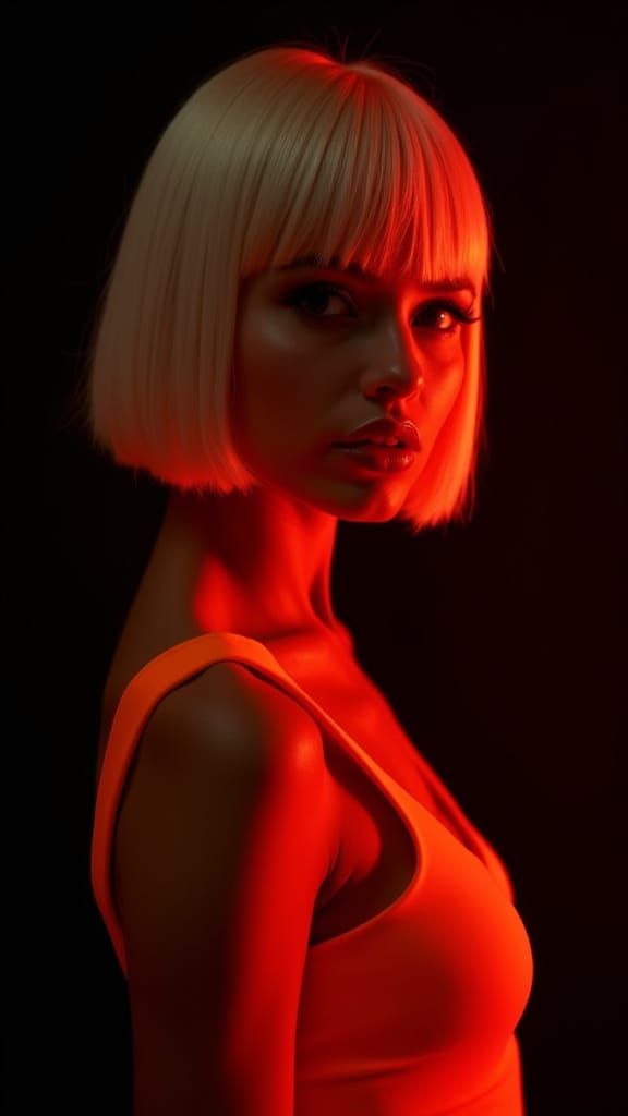 Electric Allure: Woman in Neon Dress with Rim Lighting