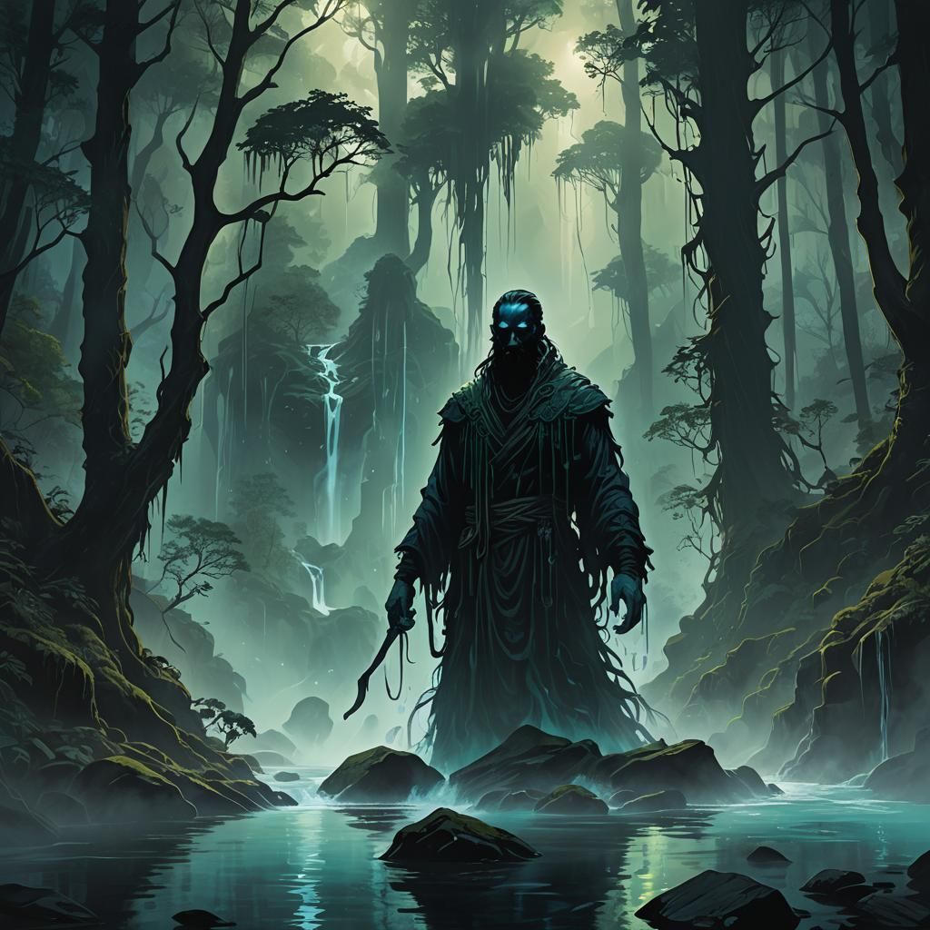 Makhnoit Silhouette in Dark Fantasy Forest, by Rutkowski
