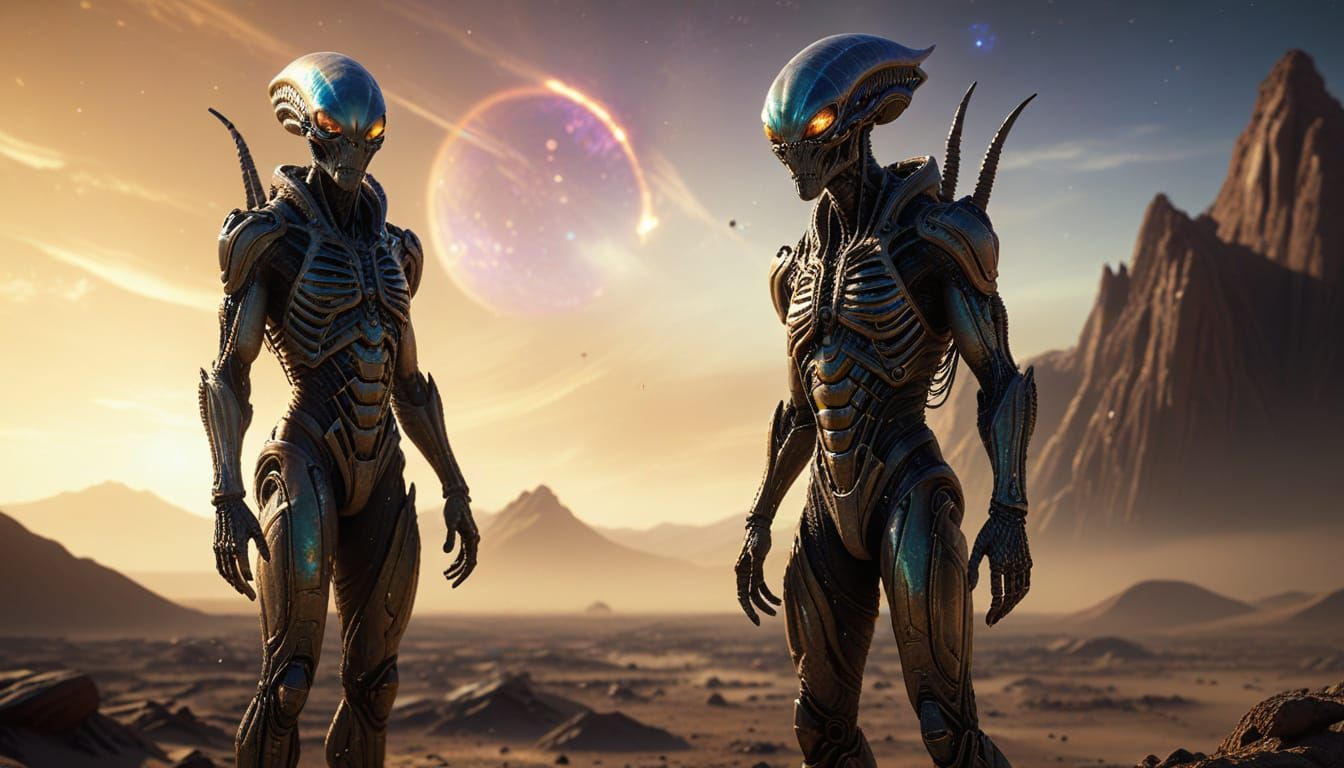 Alien Traveler on Desolate Planet in Golden Hour