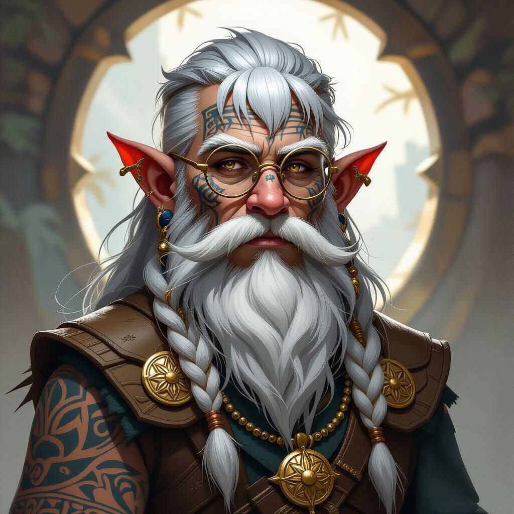 Dwarven Cleric with Tattoos, Silver Hair, and Gold Glasses