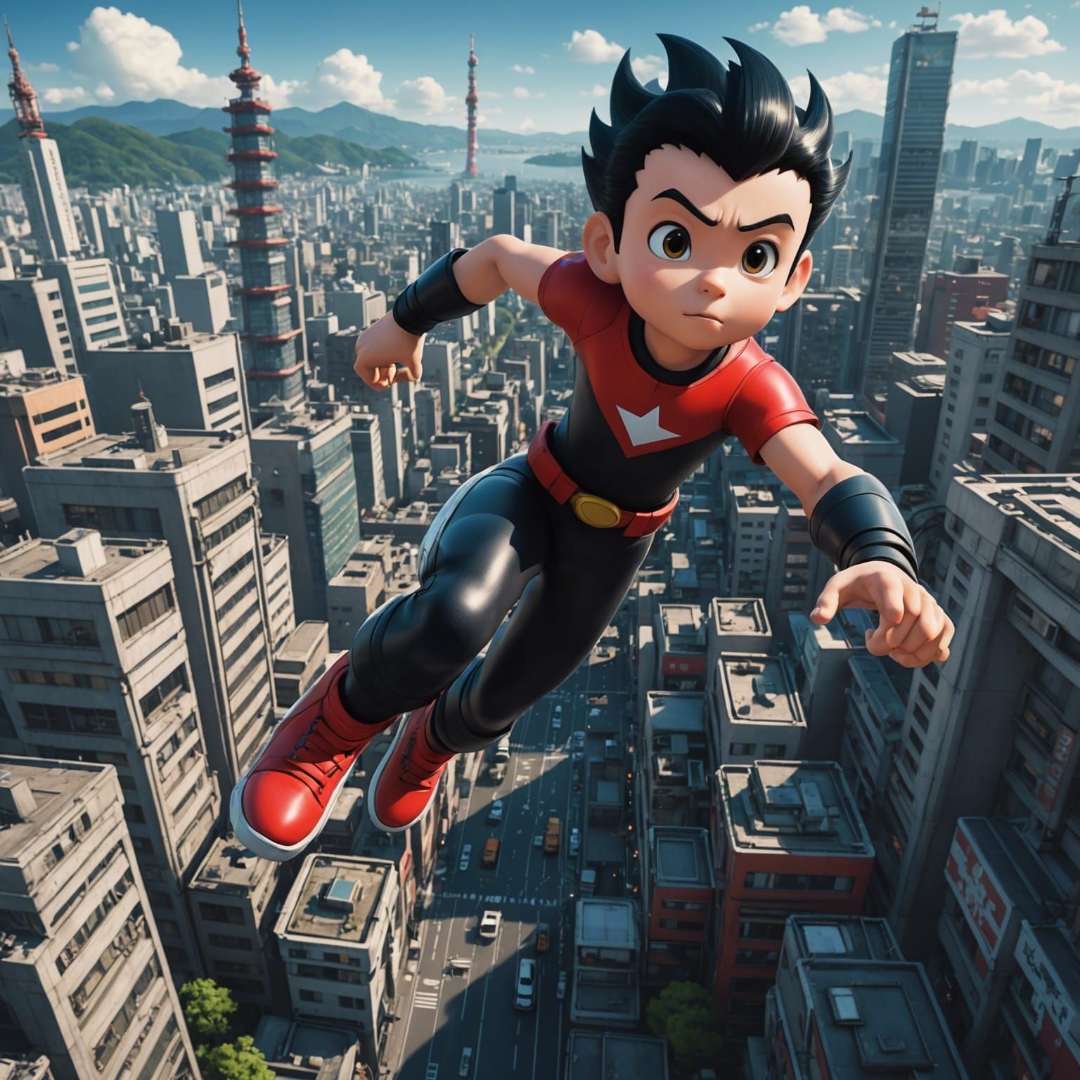 Astroboy Soaring Over Japanese Cityscape, Digital Art