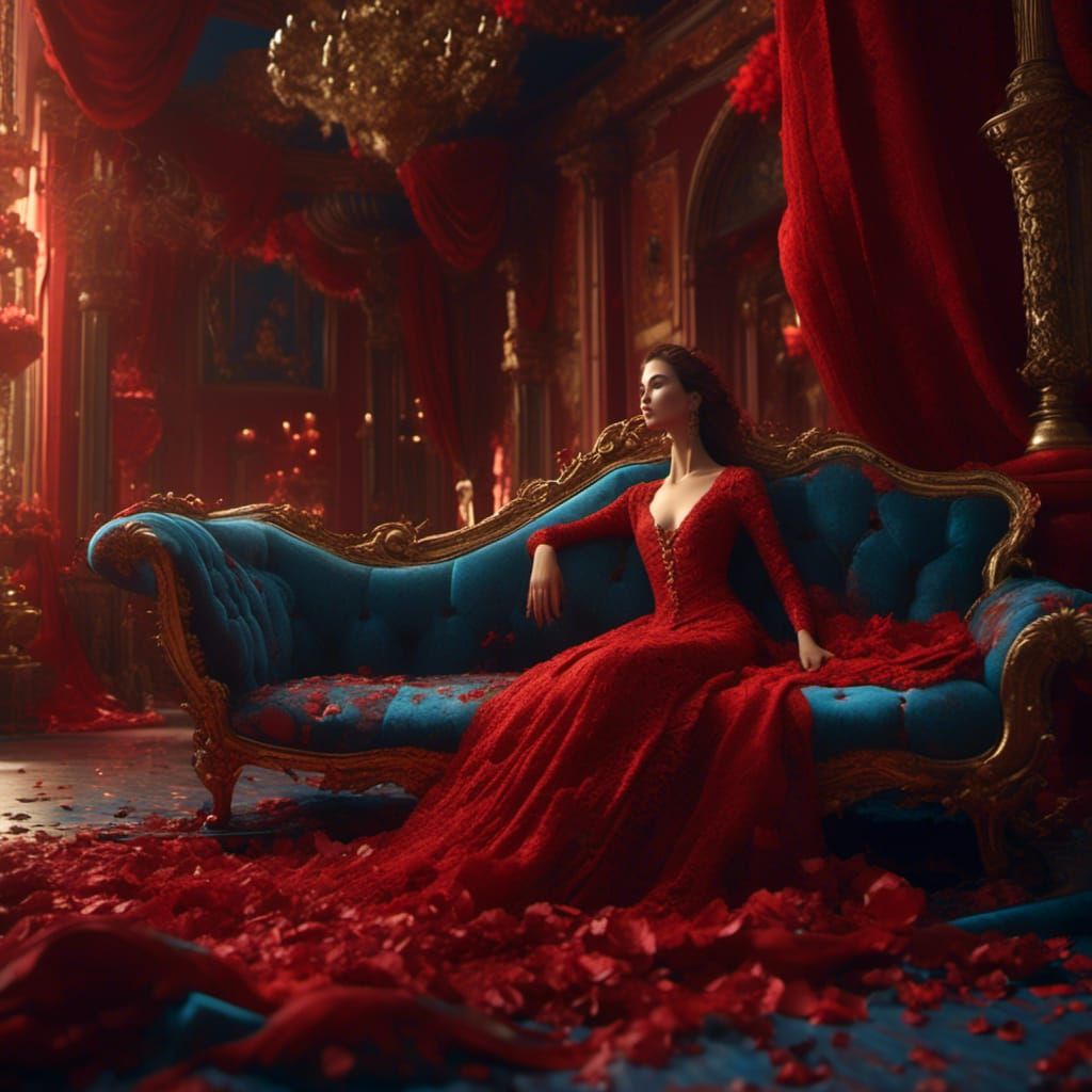 Woman in Red Dress on Divan: Detailed Matte Painting