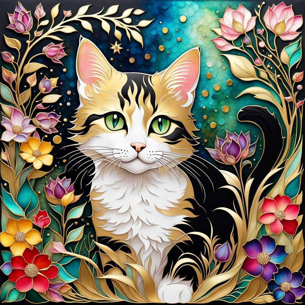 Kitten in Lush Metallic Garden: Alcohol Ink Style