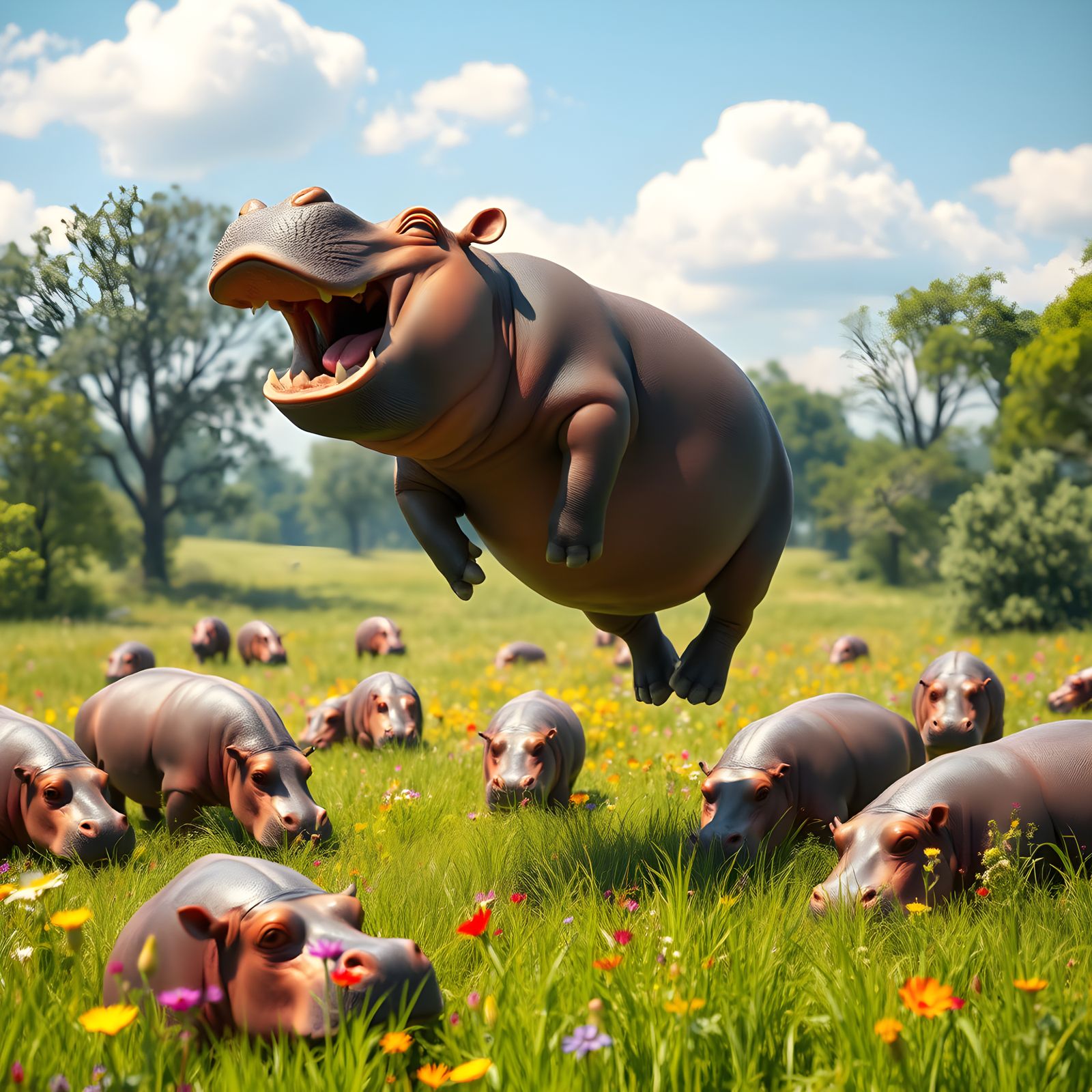 Playful Hippo's Joyful Leap in Meadow