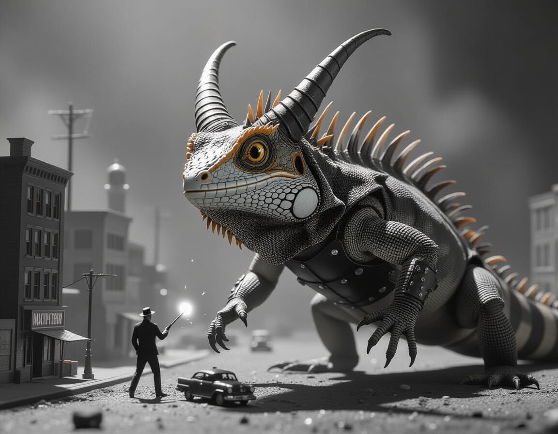 Giant Lizard Attacks City in 1950s Sci-Fi Film Noir