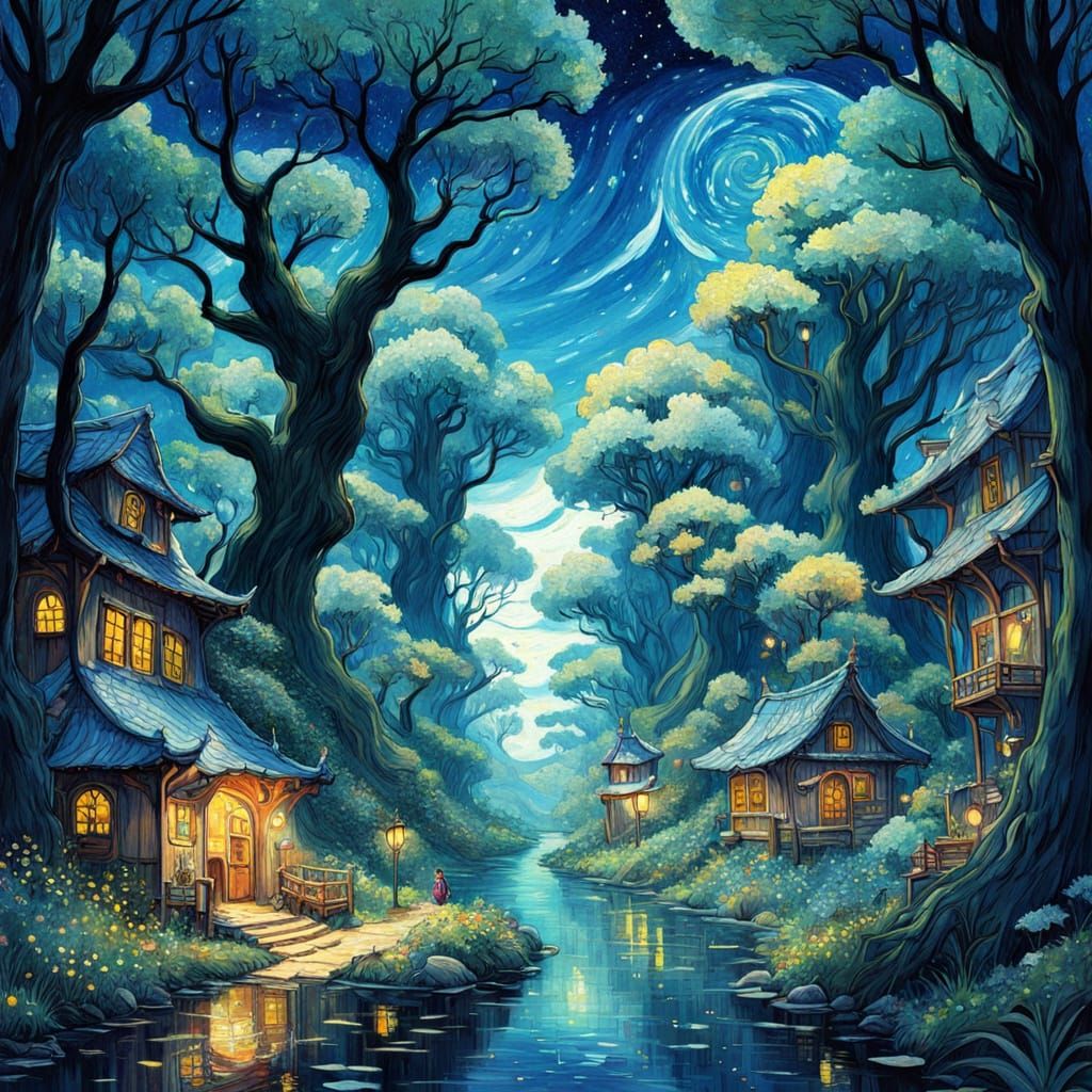 Whimsical Sci-Fi Fantasy River Scene in Van Gogh Style