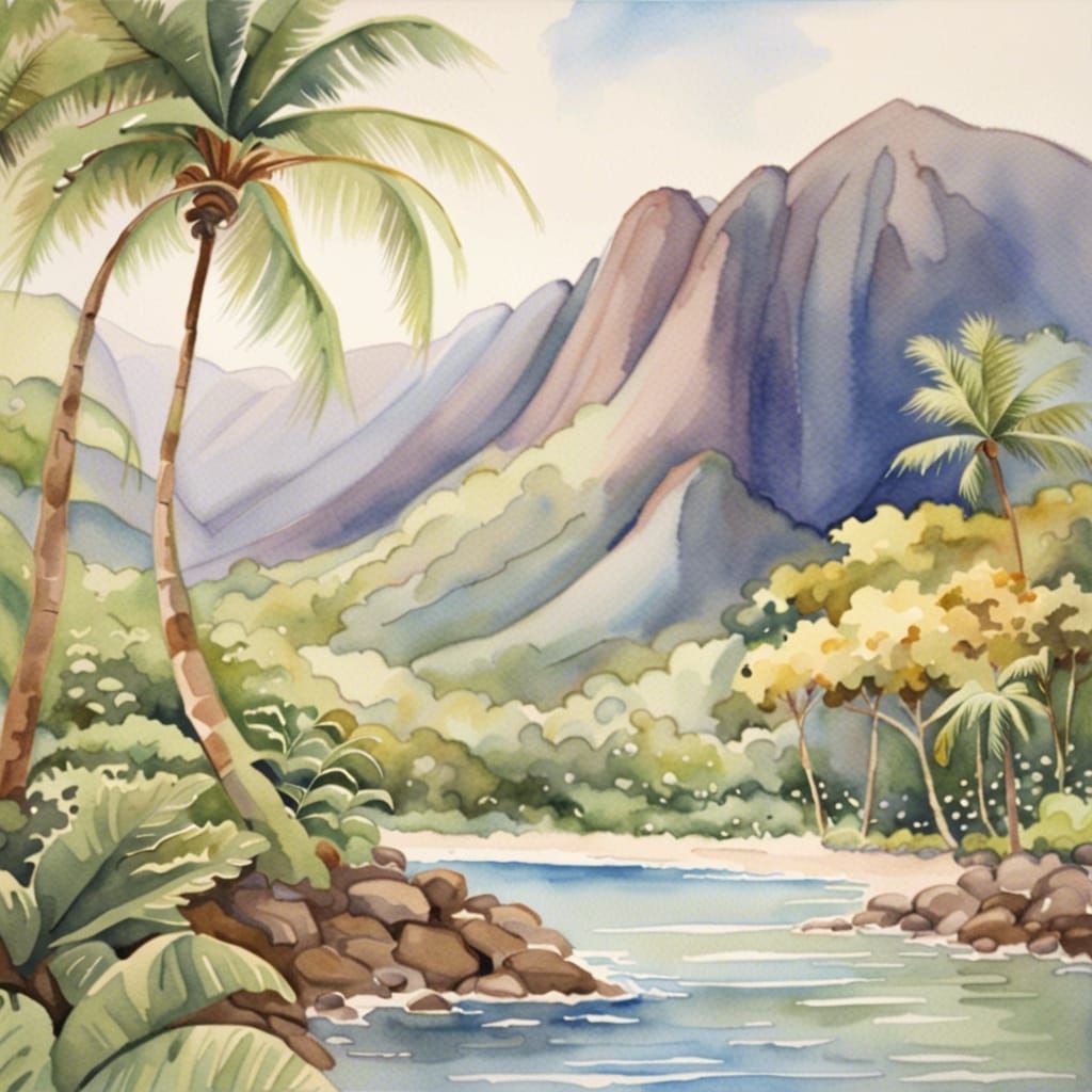 Watercolor Hawaiian Landscape: A Tranquil Tropic Scene
