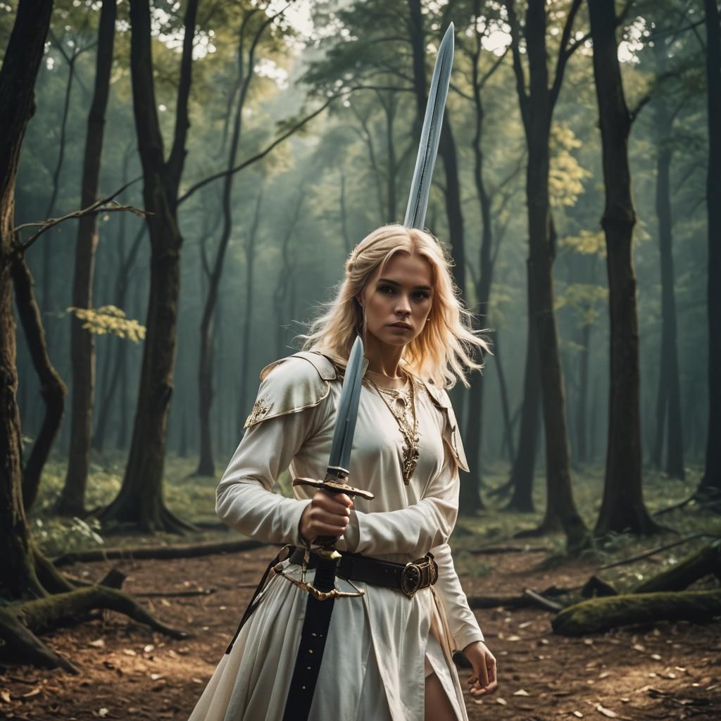 Blond Angel with Sword in Cinematic Style