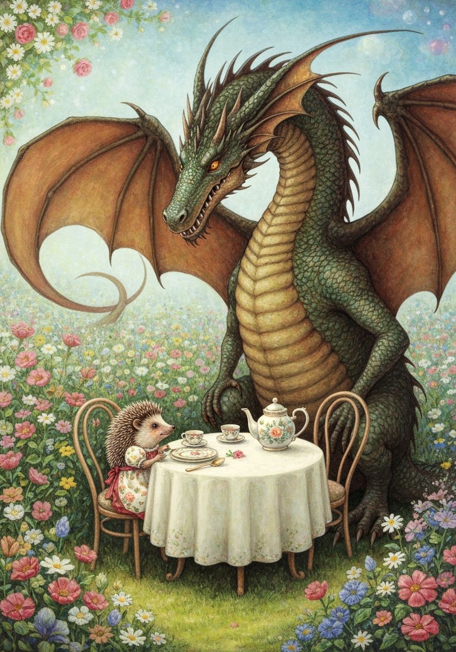 Hedgehog Tea Party with Giant Dragon in Flower Garden