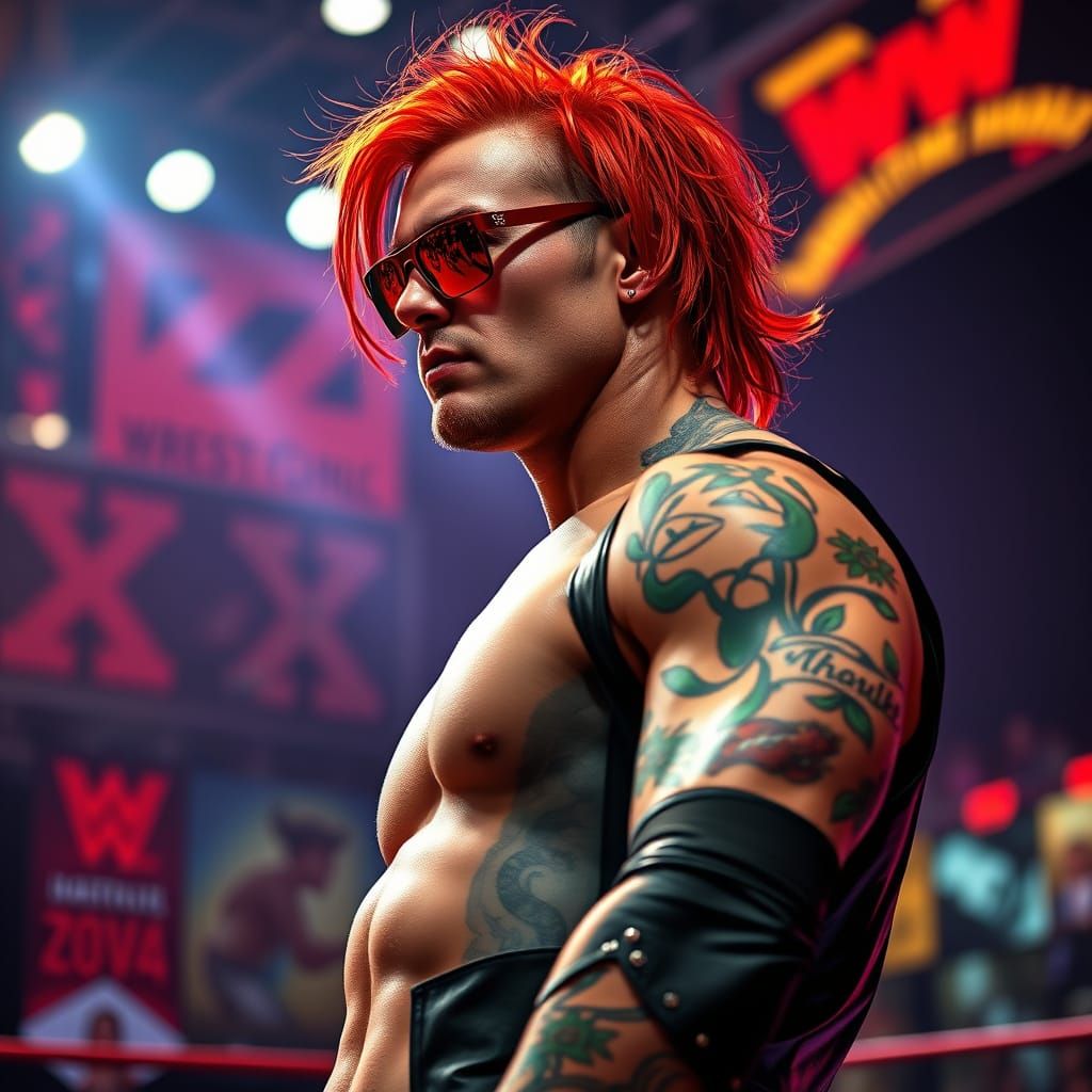 Hyperrealistic Wrestler in Edgy Leather Outfit with Red Hair...