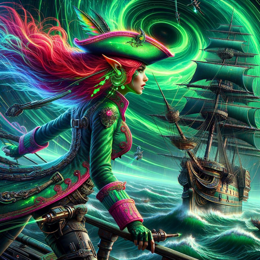 Cyberpunk Elven Pirate Goddess in Electric Green Ocean