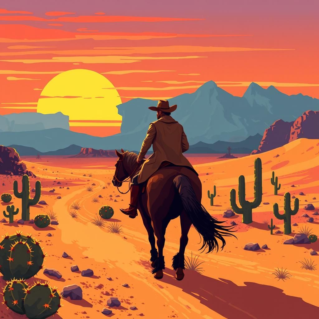 Pixel Art Cowboy Rides Into Desert Sunset