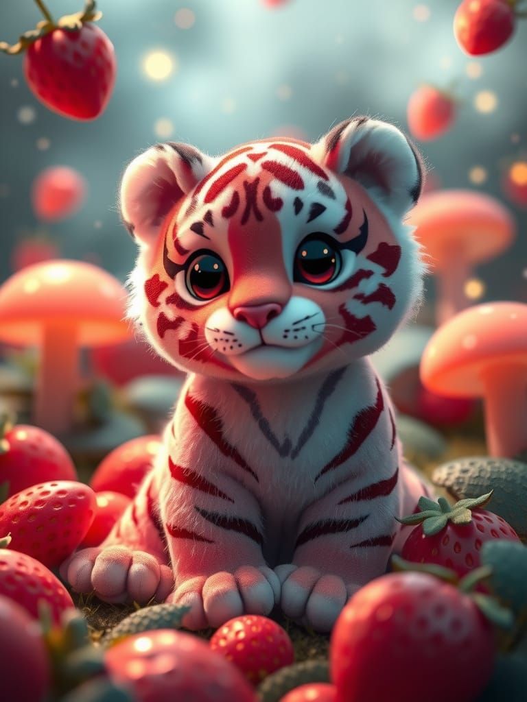Kawaii Strawberry Tiger Cub in Enchanted Berry Patch