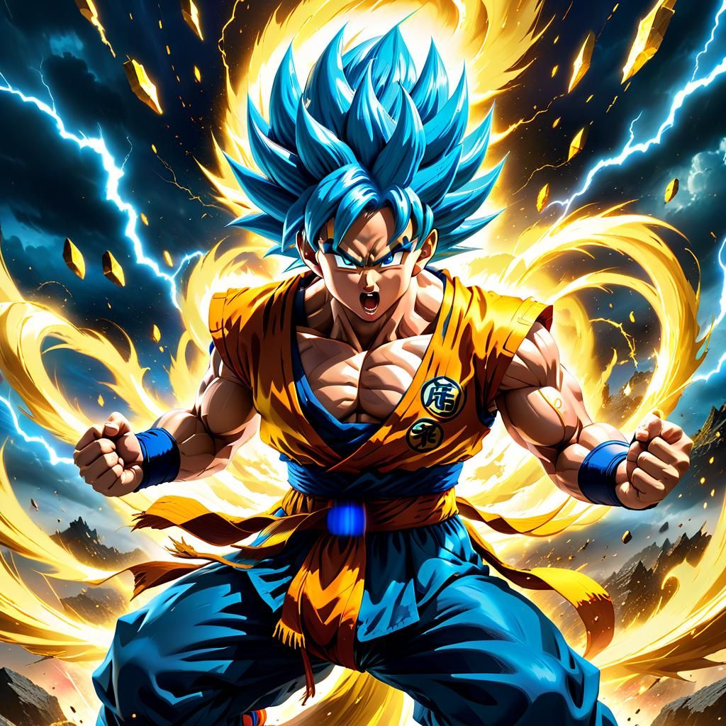 Goku's Raging War: Painterly Style, Blue Hair, Golden Runes