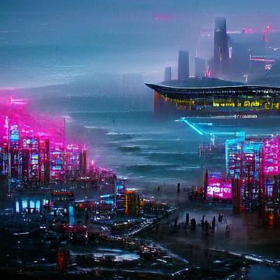 Cyberpunk Cityscape with Ocean View