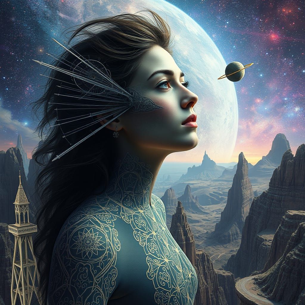 Surreal Woman in Distorted Space with Filigree