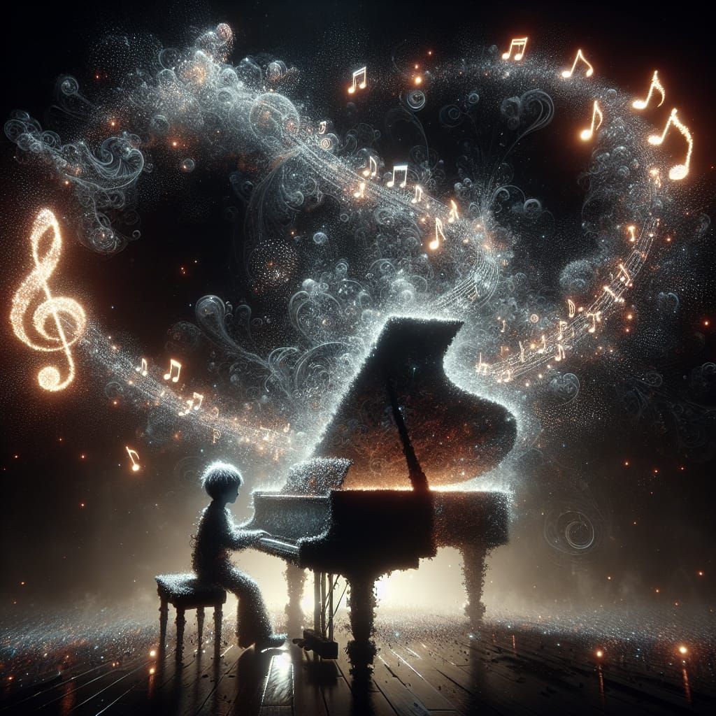 Boy's Piano Made of Swirling Light Particles