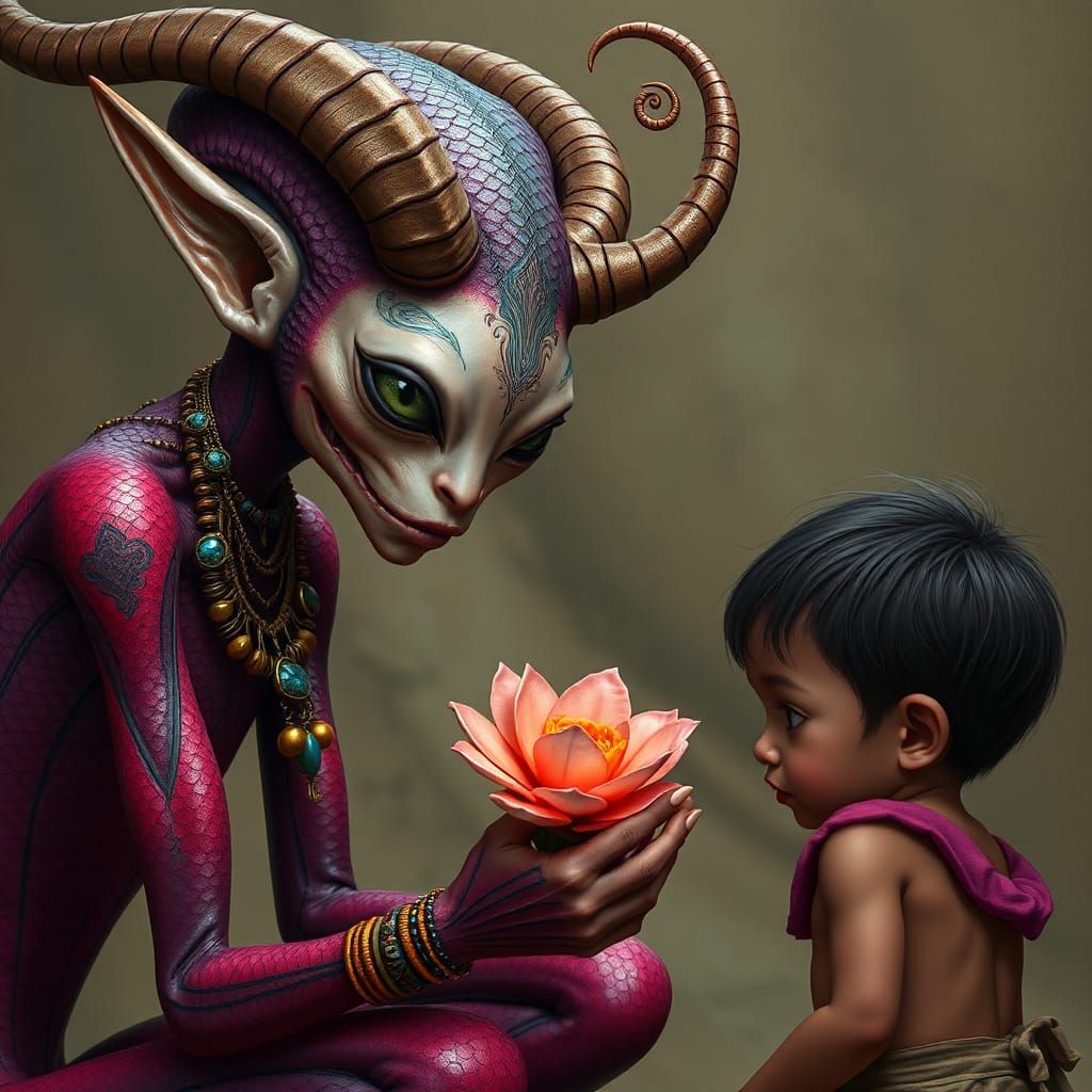 A hybrid alien creature, with pointed ears, piercing green eyes, gives a flower to a child