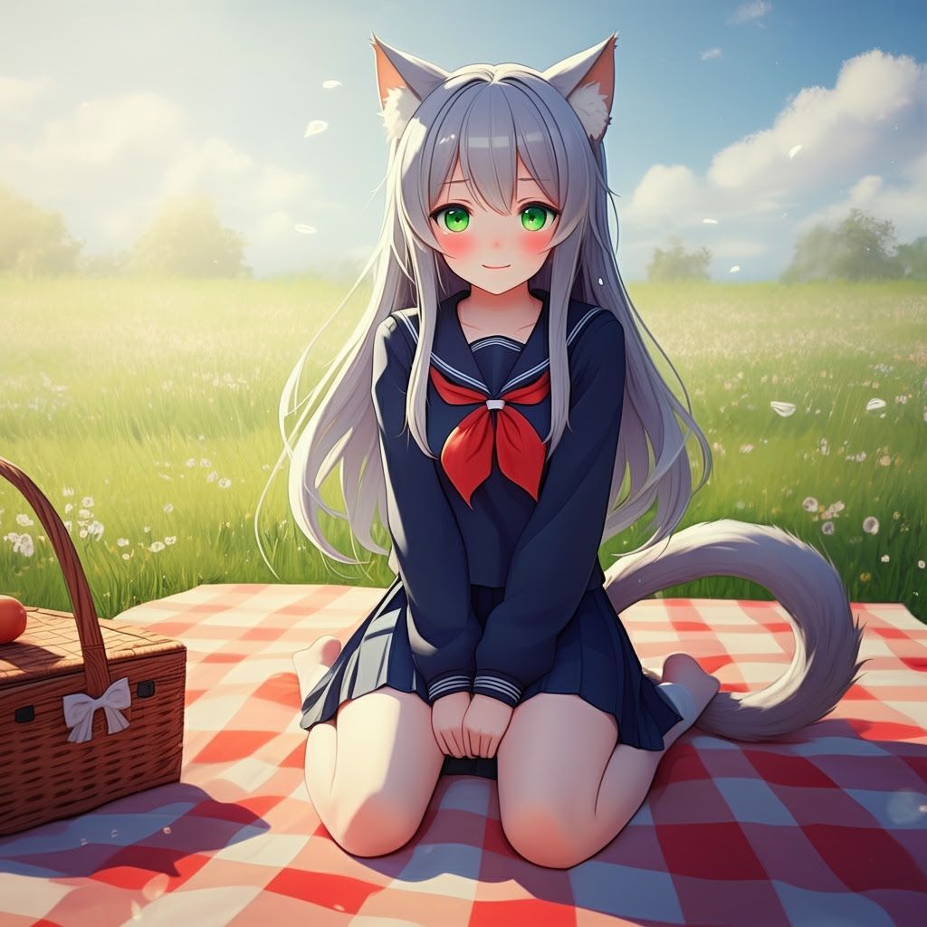 Anime Cat Girl in Romantic Meadow Picnic
