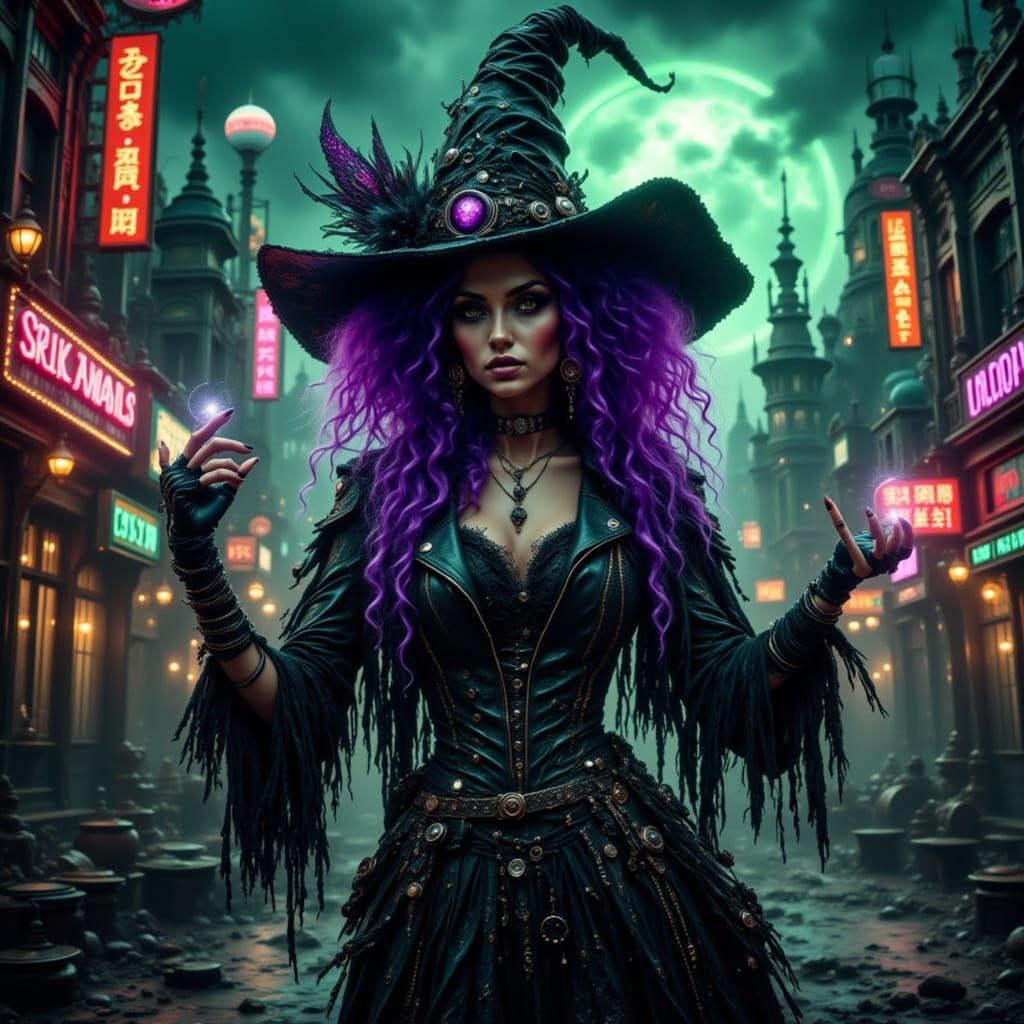 <lora:white mouse:1.0> <lora:FluxWizardly:1.0> A fierce goth-punk witch with vibrant purple hair and a studded leather j...